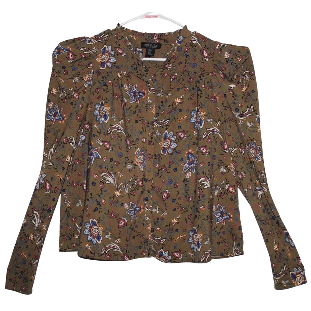 Women's Rachel Zoe Green Black Pink Blue White Floral Button Down Blouse Size M